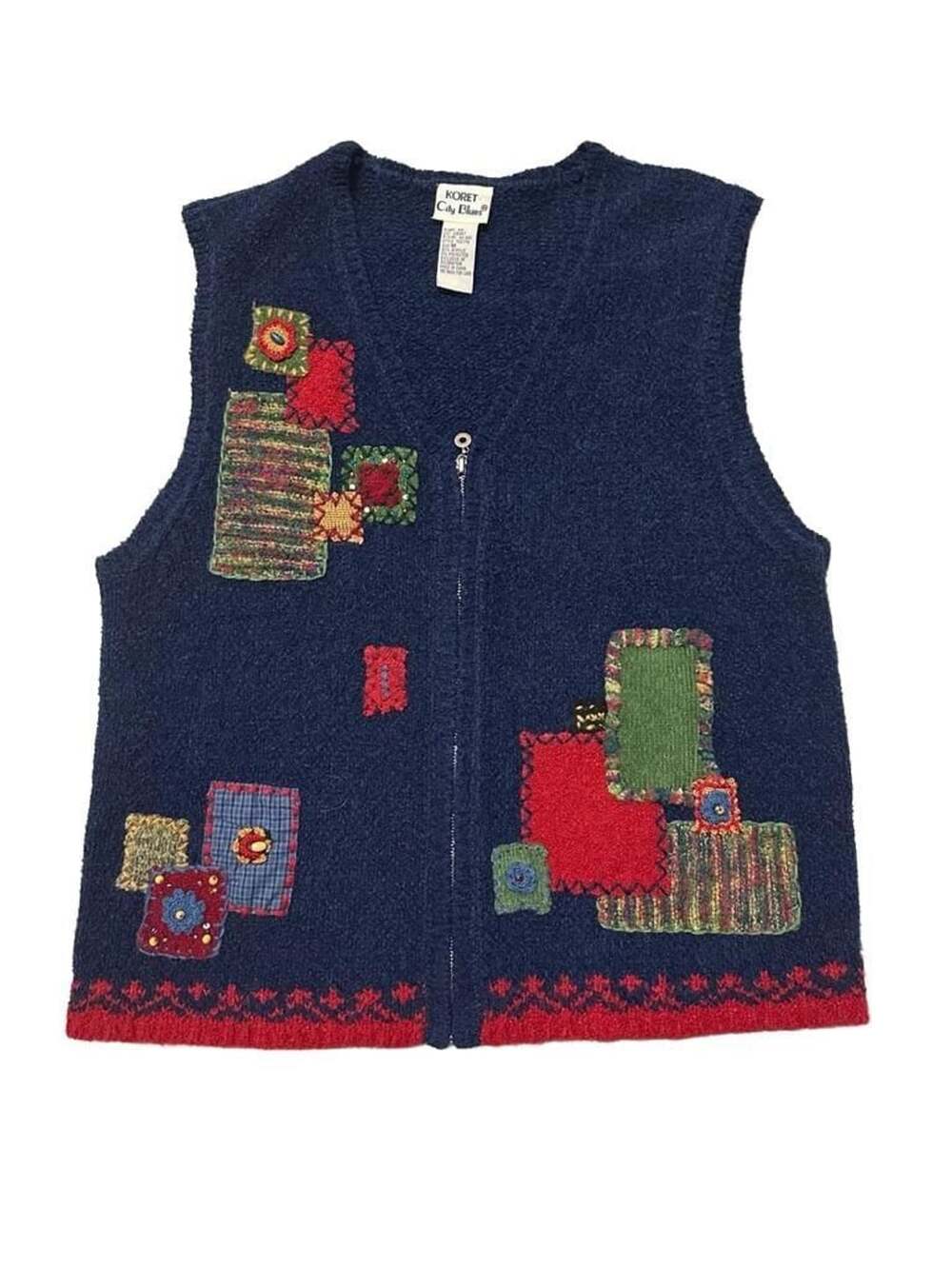 Koret City Blues Zip Knit Vest Size M Navy Blue Patchwork